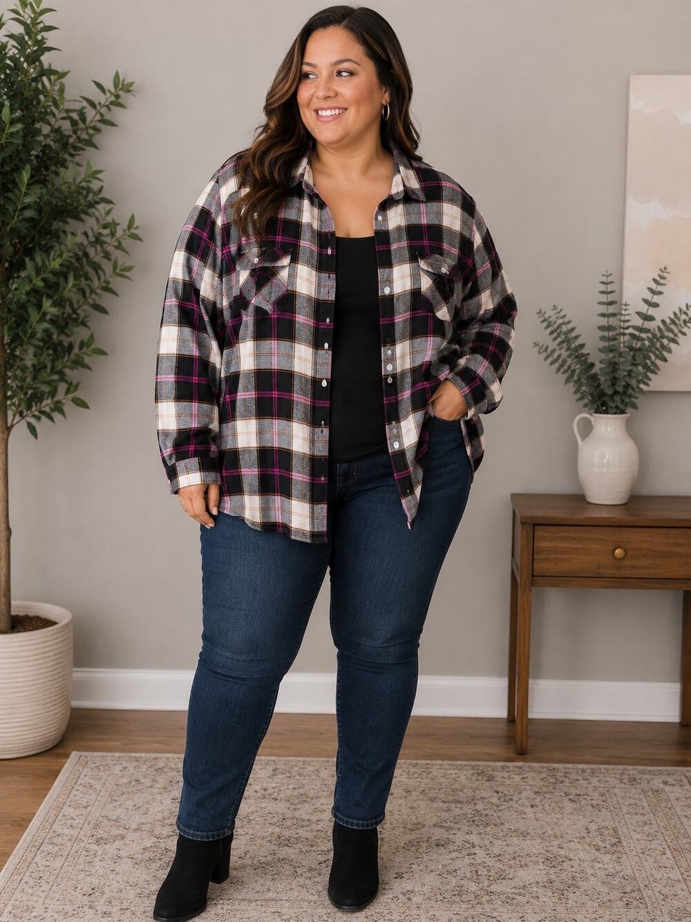 Falls Creek 3X Plaid Flannel Button Up Shirt Pink Black Gray Oversized